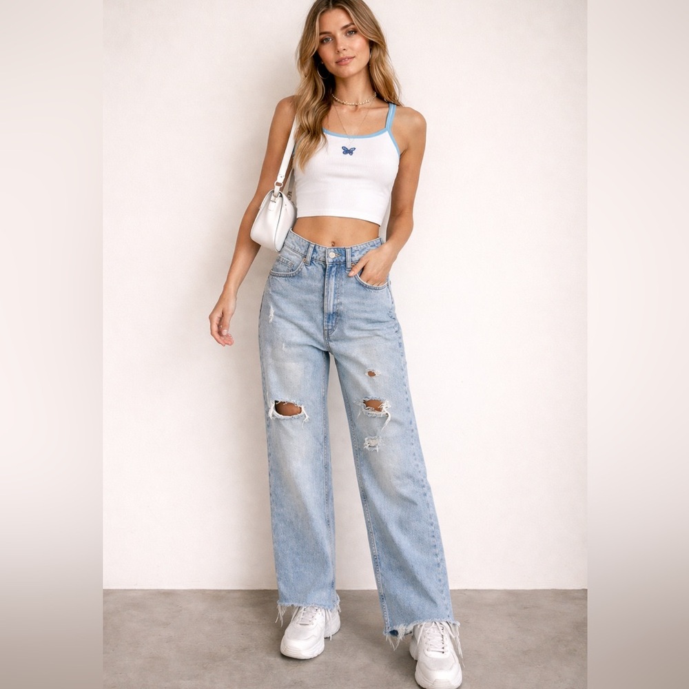 H&M Lightwash Wide Leg High Rise Jeans | 90s Y2K Grunge | XS